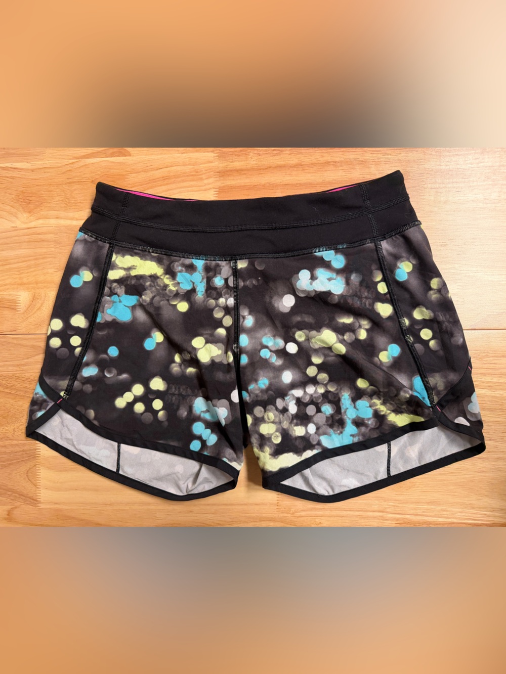 Ivivva by Lululemon Black Relay Shorts with Teal & Yellow bokeh print